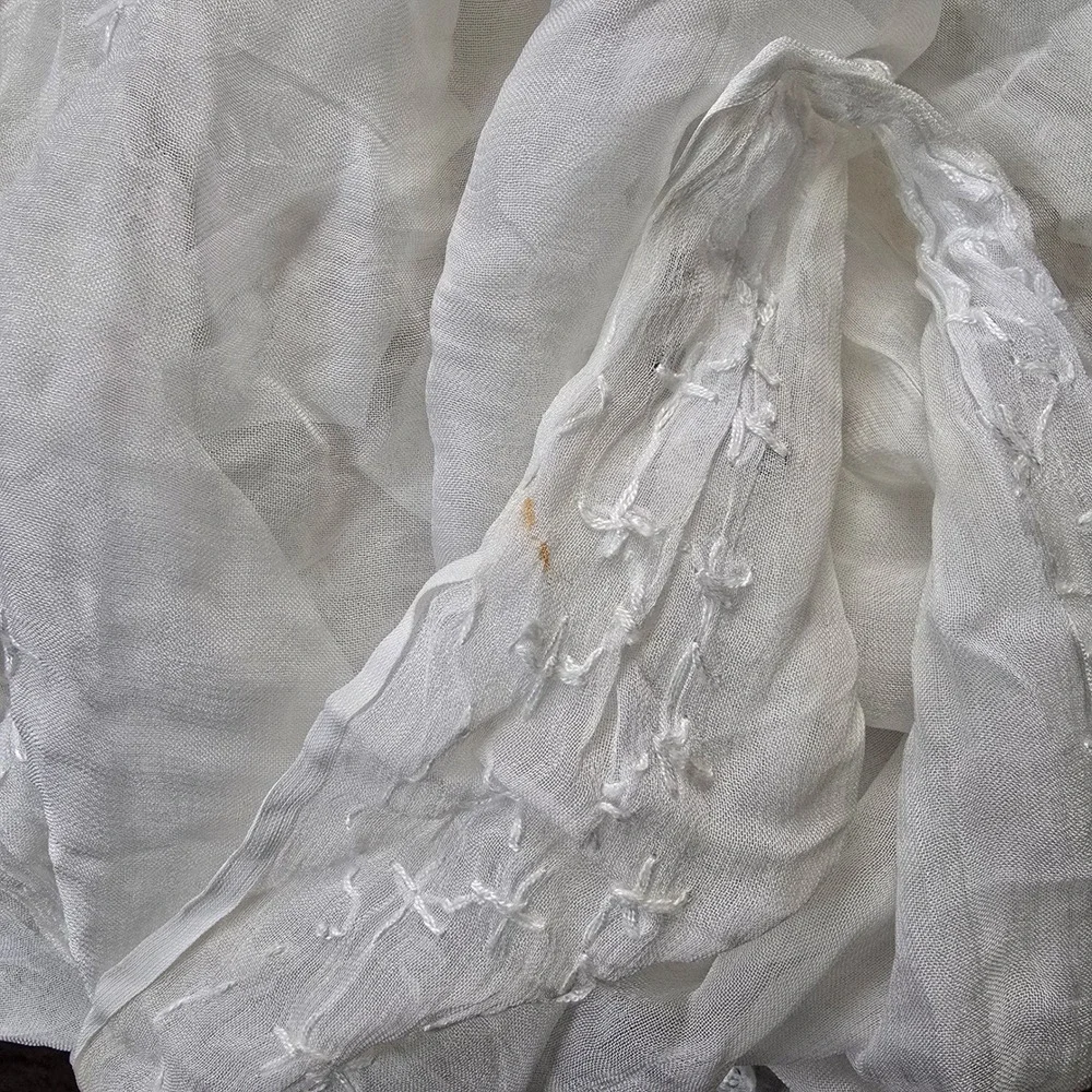 White Glass Embroidered Cottage Fairy Oversized Whimsy Boho Floral Scarf Wrap OS